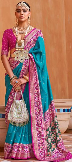 Blue color Saree in Patola Silk, Silk fabric with Printed work