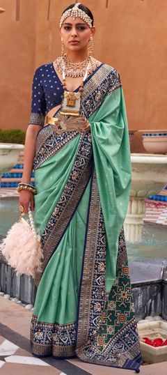 Blue color Saree in Patola Silk, Silk fabric with Printed work