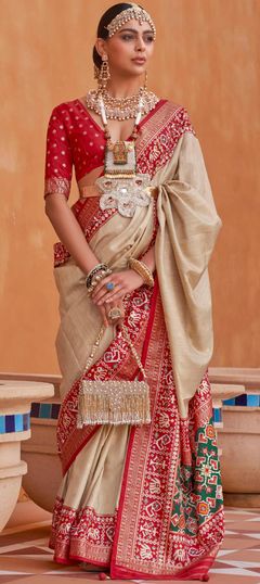 Beige and Brown color Saree in Patola Silk, Silk fabric with Printed work