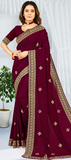 Purple and Violet color Saree in Art Silk, Silk fabric with Embroidered, Thread, Zari work