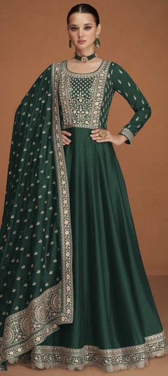 Green color Gown in Art Silk fabric with Embroidered, Sequence, Thread, Zari work