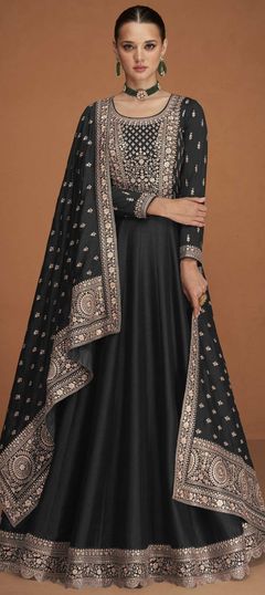 Black and Grey color Gown in Art Silk fabric with Embroidered, Sequence, Thread, Zari work