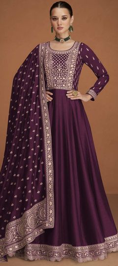 Purple and Violet color Gown in Art Silk fabric with Embroidered, Sequence, Thread, Zari work