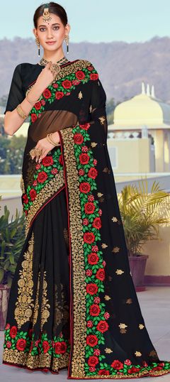 Reception Black and Grey color Saree in Georgette fabric with Classic Embroidered, Resham work : 1864396