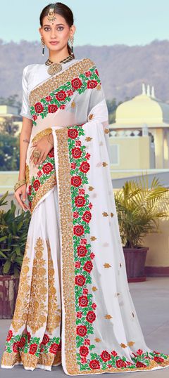 Reception White and Off White color Saree in Georgette fabric with Classic Embroidered, Resham, Zari work : 1864397