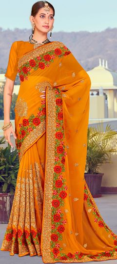 Reception Yellow color Saree in Georgette fabric with Classic Embroidered, Resham, Zari work : 1864398