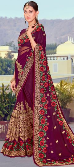 Reception Purple and Violet color Saree in Georgette fabric with Classic Embroidered, Resham, Zari work : 1864400