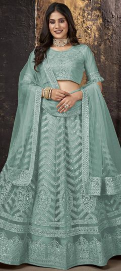 Blue color Lehenga in Net fabric with Resham, Sequence, Thread, Zari work