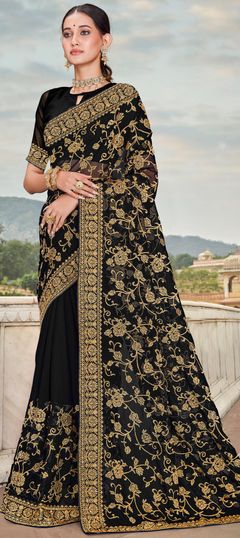 Black and Grey color Saree in Georgette fabric with Embroidered, Stone, Thread, Zari work