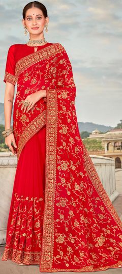 Red and Maroon color Saree in Georgette fabric with Embroidered, Stone, Thread, Zari work