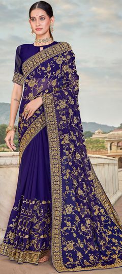 Blue color Saree in Georgette fabric with Embroidered, Stone, Thread, Zari work