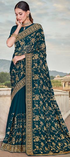 Blue color Saree in Georgette fabric with Embroidered, Stone, Thread, Zari work