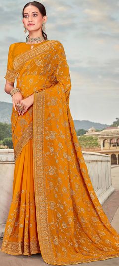 Yellow color Saree in Georgette fabric with Embroidered, Stone, Thread, Zari work