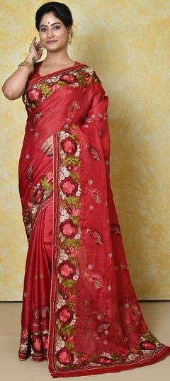 Red and Maroon color Saree in Banarasi Silk, Silk fabric with Weaving work