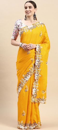 Traditional Yellow color Saree in Art Silk, Silk fabric with South Embroidered, Thread work : 1864770