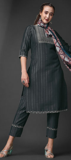 Black and Grey color Salwar Kameez in Art Silk fabric with Embroidered, Sequence, Thread work