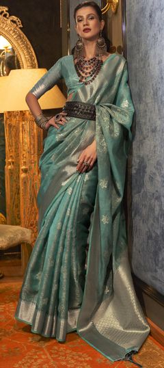 Green color Saree in Organza Silk, Silk fabric with Weaving work