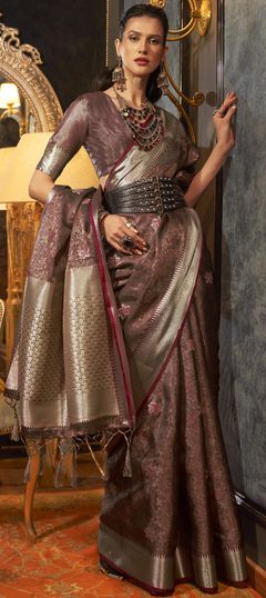 Beige and Brown color Saree in Organza Silk, Silk fabric with Weaving work