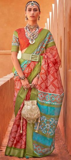 Orange color Saree in Cotton, Silk fabric with Printed work