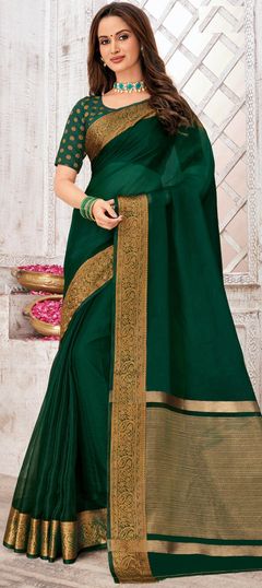 Traditional Green color Saree in Organza Silk, Silk fabric with South Weaving work : 1865386