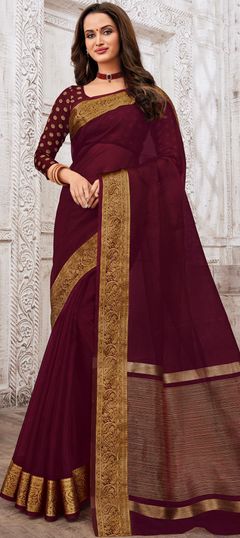 Traditional Red and Maroon color Saree in Organza Silk, Silk fabric with South Weaving work : 1865387