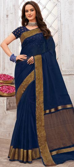 Traditional Blue color Saree in Organza Silk, Silk fabric with South Weaving work : 1865388