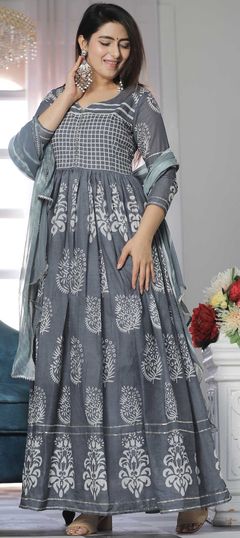 Black and Grey color Gown in Cotton fabric with Floral, Printed work