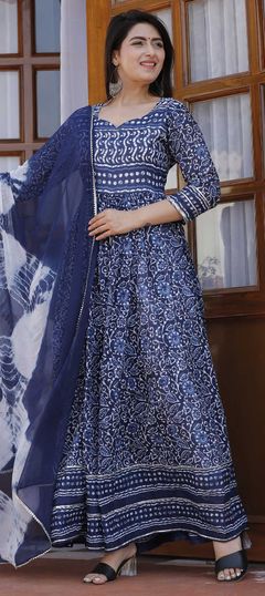 Blue color Gown in Cotton fabric with Floral, Printed work