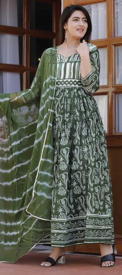 Green color Gown in Cotton fabric with Floral, Printed work