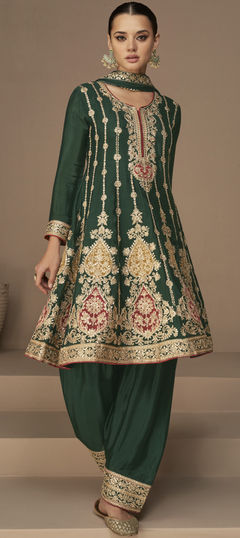 Green color Salwar Kameez in Art Silk fabric with Sequence, Thread, Zari work