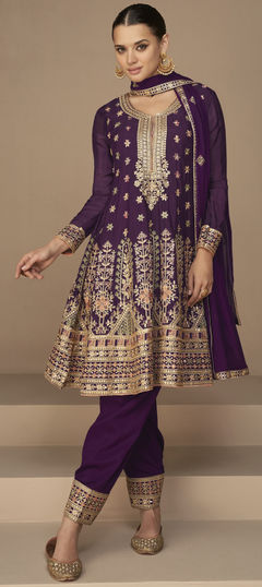 Purple and Violet color Salwar Kameez in Art Silk fabric with Sequence, Thread, Zari work