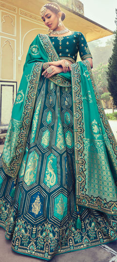 Blue color Lehenga in Banarasi Silk fabric with Border, Embroidered, Resham, Stone, Zari work