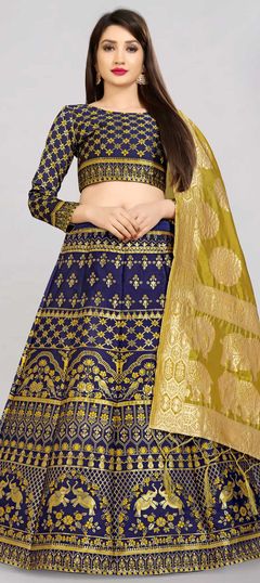 Blue color Lehenga in Banarasi Silk, Silk fabric with Weaving, Zari work