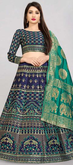 Blue color Lehenga in Banarasi Silk, Silk fabric with Weaving, Zari work