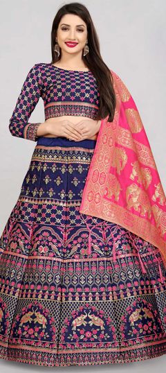 Blue color Lehenga in Banarasi Silk, Silk fabric with Weaving, Zari work