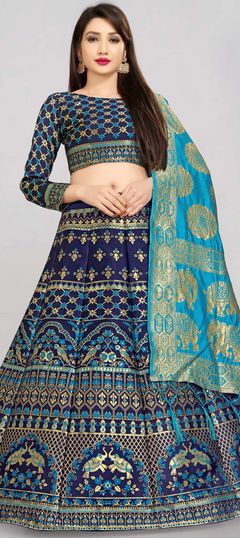 Blue color Lehenga in Banarasi Silk, Silk fabric with Weaving, Zari work