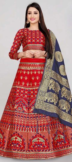 Red and Maroon color Lehenga in Banarasi Silk, Silk fabric with Weaving, Zari work