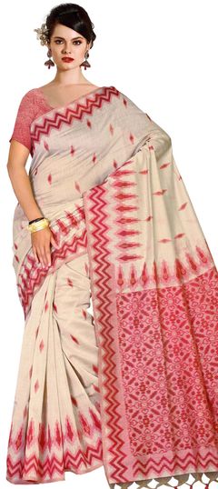 White and Off White color Saree in Linen fabric with Printed work