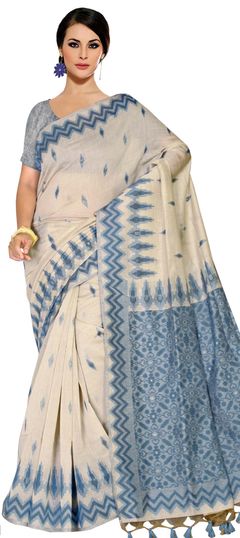 White and Off White color Saree in Linen fabric with Printed work