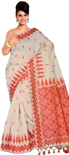 White and Off White color Saree in Linen fabric with Printed work