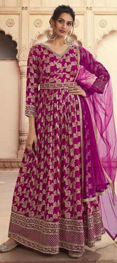 Pink and Majenta color Salwar Kameez in Jacquard fabric with Sequence, Weaving, Zari work