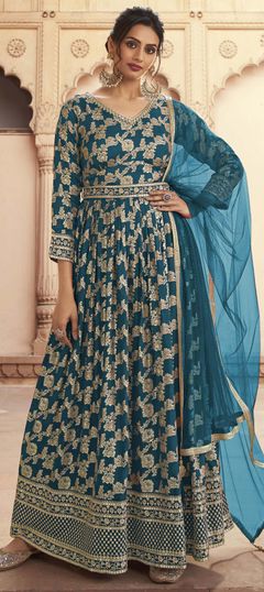 Blue color Salwar Kameez in Jacquard fabric with Sequence, Weaving, Zari work