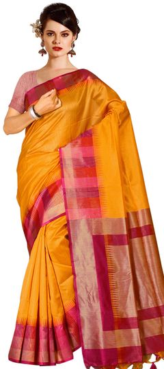 Yellow color Saree in Silk fabric with Printed work