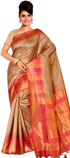 Gold and Silver color Saree in Silk fabric with Printed work