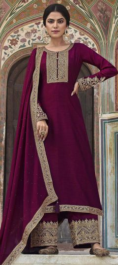 Purple and Violet color Salwar Kameez in Dolla Silk fabric with Embroidered, Sequence, Thread work