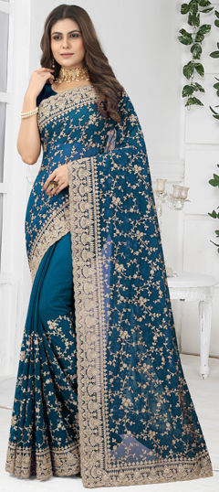 Blue color Saree in Georgette fabric with Embroidered, Stone, Thread, Zircon work