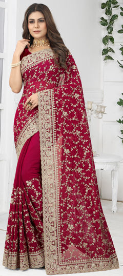 Red and Maroon color Saree in Georgette fabric with Embroidered, Stone, Thread, Zircon work