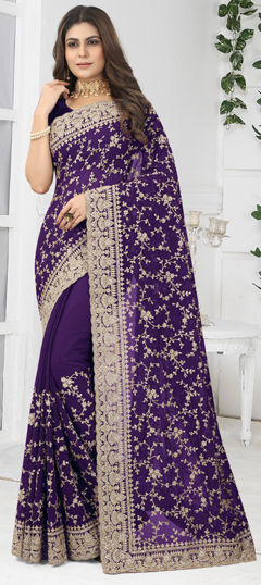 Purple and Violet color Saree in Georgette fabric with Embroidered, Stone, Thread, Zircon work