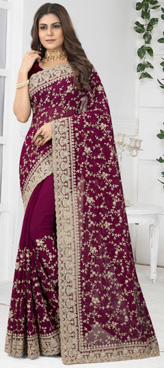 Pink and Majenta color Saree in Georgette fabric with Embroidered, Stone, Thread, Zircon work