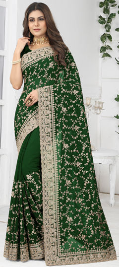 Green color Saree in Georgette fabric with Embroidered, Stone, Thread, Zircon work